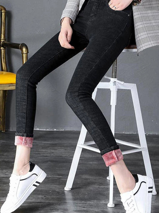 Denim Velvet Lined Women's Stretch High Waist Straight Leg Pencil Jeans
