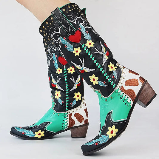 Vintage PU Leather Handmade Western Colorblock Heart Floral Embroidered Slip-On Cowgirl Boots