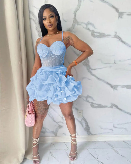 Glitter Crystal Rhinestone Diamond Sling Sheer Mesh Patchwork Ruffled Bouffant Cake Skirted Bodycon Party/Prom Formal Dress to 3X Plus Size