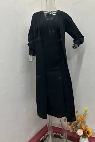 Basic Long Sleeve Solid Color Maxi Cardigan + Sleeveless Halter Tank Dress 2-Piece Set to 3X Plus Size