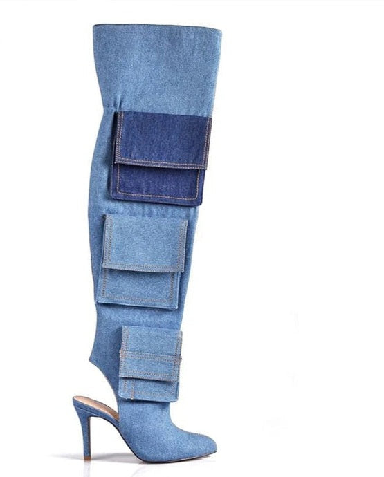 Denim Colorblock Thigh High Cargo Pocket Over-the-Knee Cowgirl Pointed Toe Boots-1, 2 or 3 Pocket