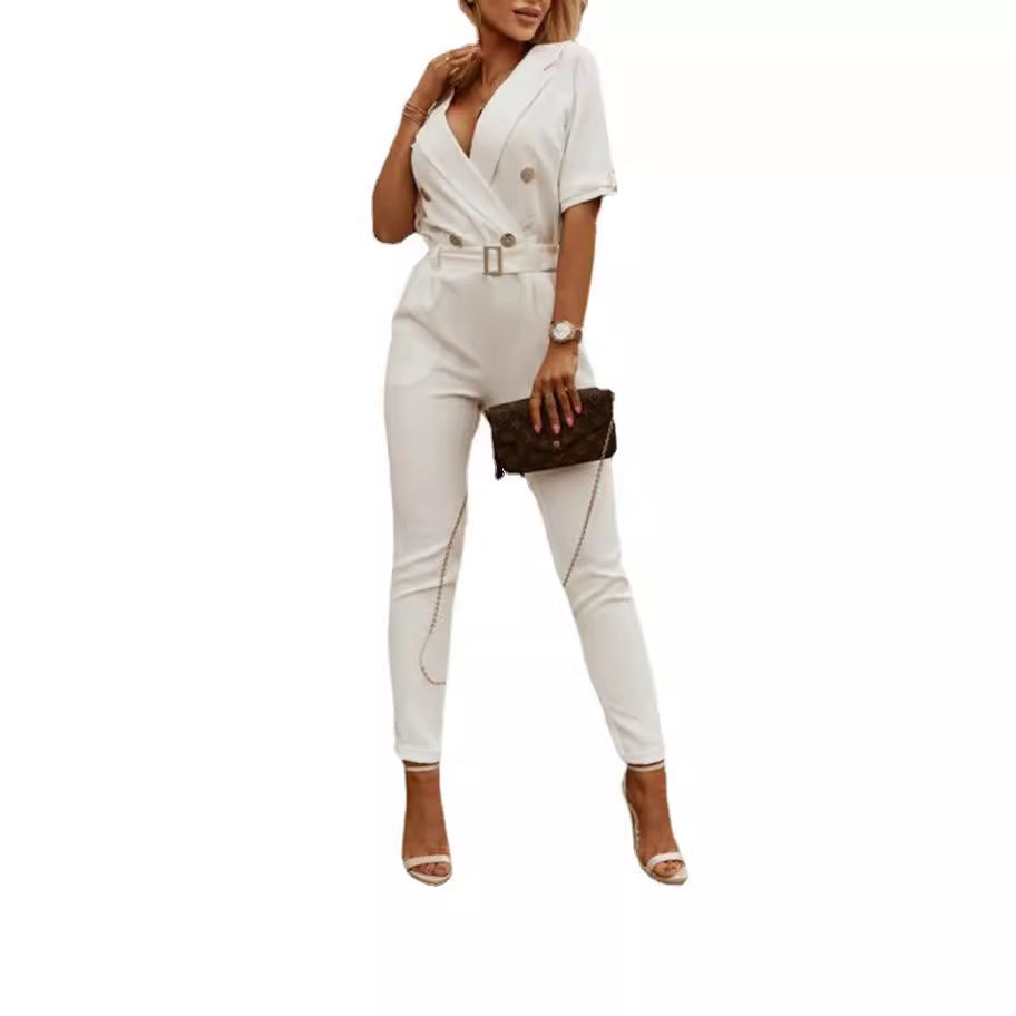 Double Breasted Button Detail Short Sleeve Women's Belted Jumpsuit