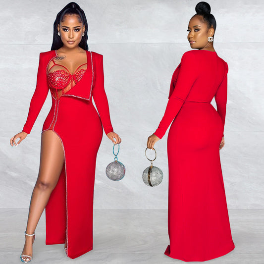 Irregular Rhinestone Cami Open Zipper Design Long Sleeve Solid Color Formal Maxi Party Dress