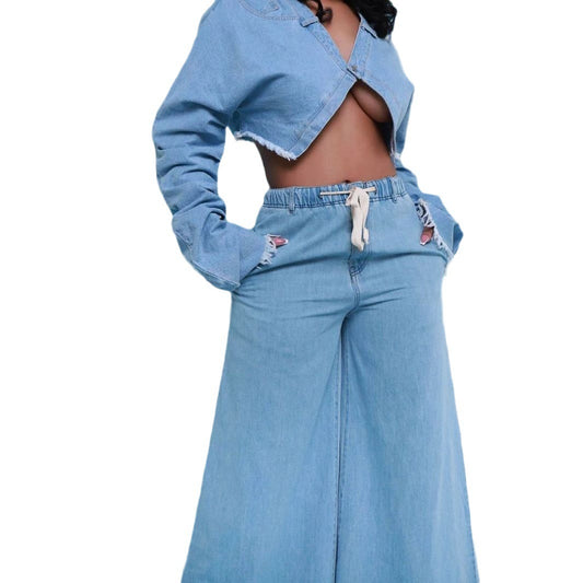 Blue Denim Ripped Hem Single Button Long Sleeve Jean Crop Top + Elastic Waist Drawstring Wide Leg Jeans Women's 2-Piece Set