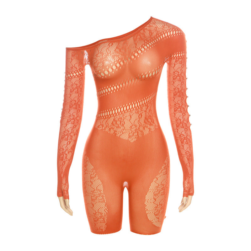 Mesh Transparent Hollow-Out Asymmetrical One Shoulder High Waist Long Sleeve Women's Stretch Shorts Romper