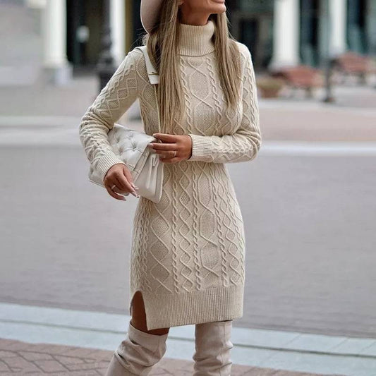 Turtleneck Weave Knitted Solid Color Pullover Long Sleeve Side Slit Sweater Dress to 5X Plus Size