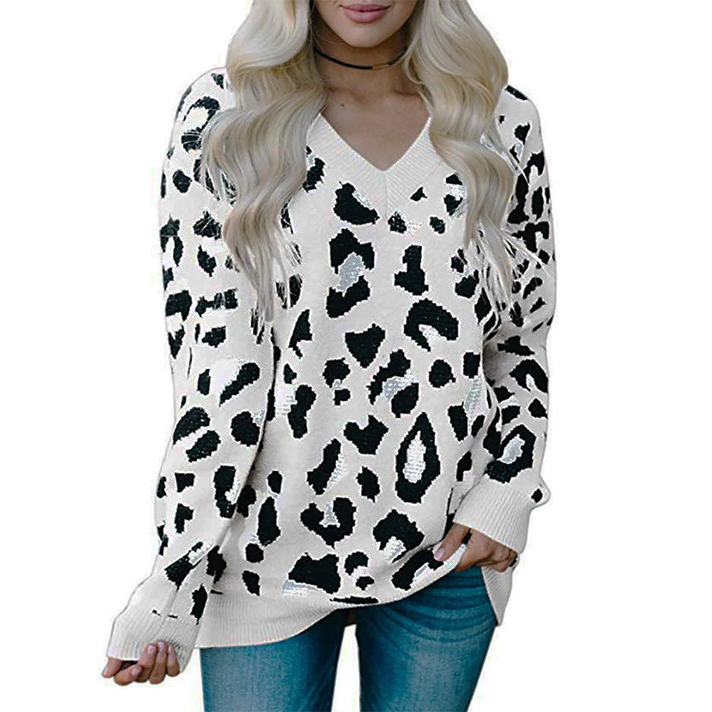 Leopard Jacquard Print V-Neck Women's Long Sleeve Sweater