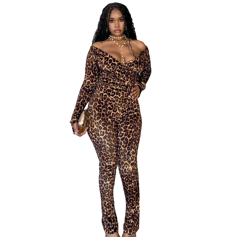 Leopard Print Off-the-Shoulder Long Sleeve Deep V-Neck Bodysuit + Skinny Leggings 2-Piece Set