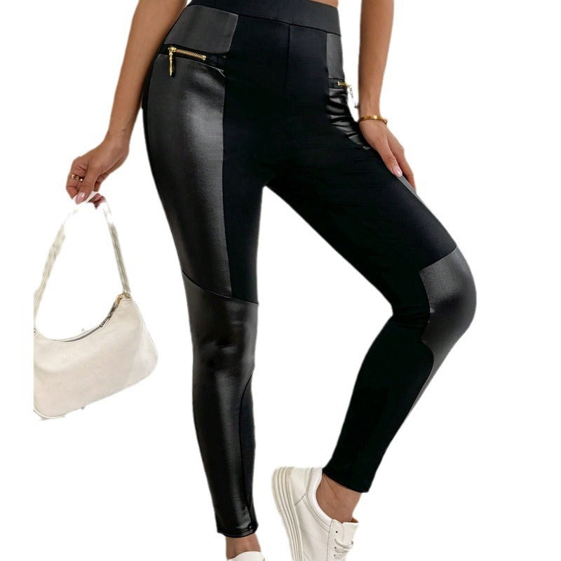 Black Faux Leather Women's Stretch Patchwork High Waist Trouser Pencil Pants