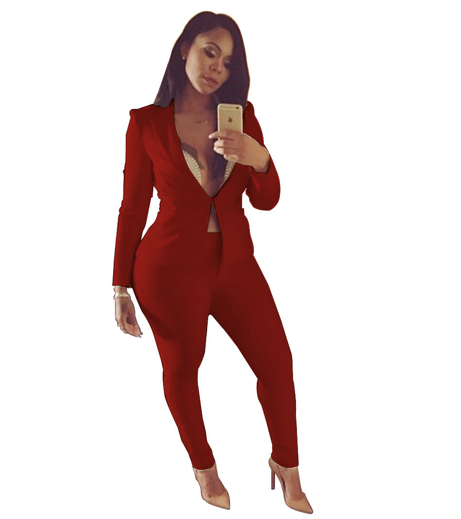 Hollow-Out, Low-Cut Solid Color Women's Blazer Jacket + Skin Tight Pants Suit