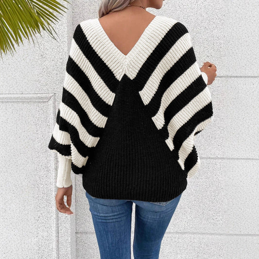 Off-the-Shoulder Black/White Diagnol Striped Contrast Color V-Neck Long Sleeve Knitted Women's Sweater to 5X Plus Size