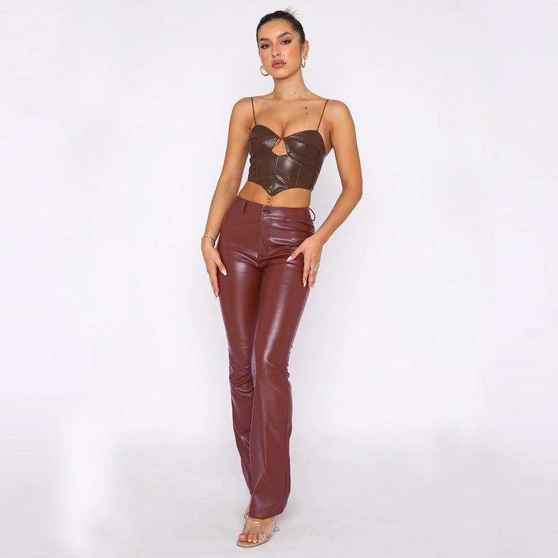 Button Fly High Elastic PU Leather Women's Trouser Pants