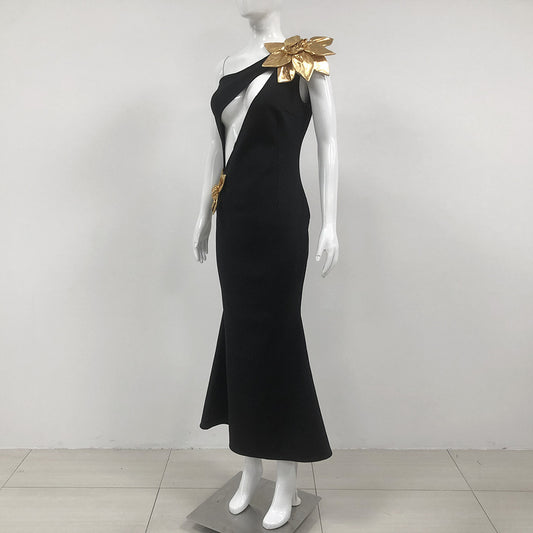 Black One Shoulder Asymmetrical Bandage Gold Flower Detail Sleeveless Formal Maxi Dress