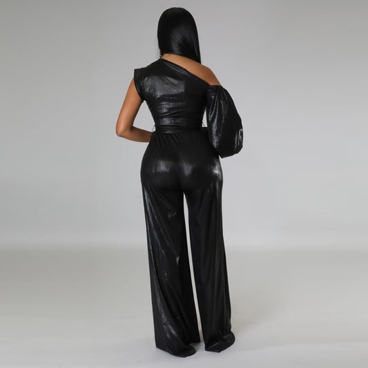 Shiny Black Asymmetrical One Sleeve Wide Leg Pants Solid Color Evening Jumpsuit