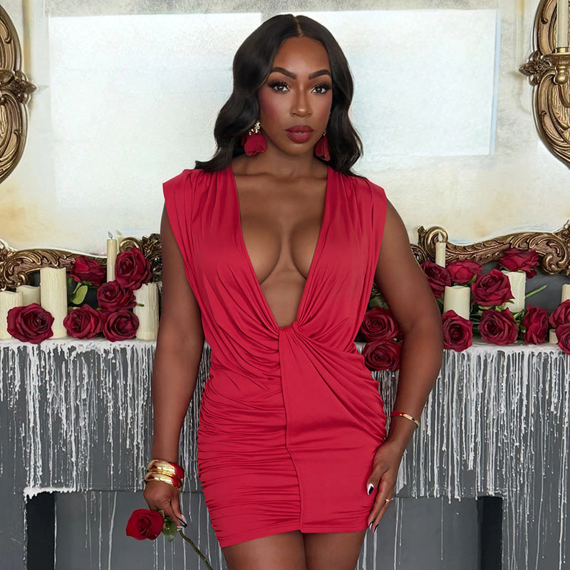 Draped Ruched Sleeveless Pleated Deep Plunge V-Neck Solid Color Mini Club Dress