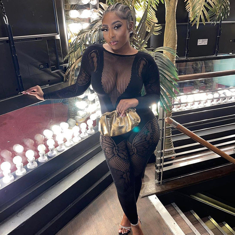 Black Sheer Transparent Butterfly Design Fitness Women's Streetwear Skin Tight Long Sleeve Jumpsuit