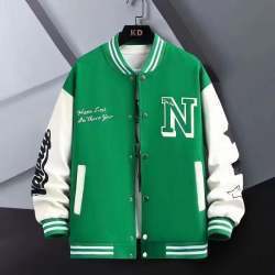 Men's Colorblock Letter Print Loose Button-Up O-Neck Hip-Hop Baseball Varsity Bomber Letterman's Jacket