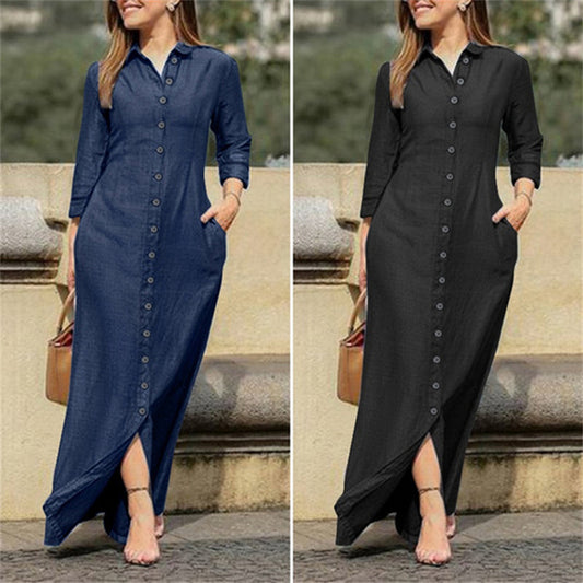 Denim Button-Up Long Sleeve Long Jean Pocket Dress to 5X Plus Size