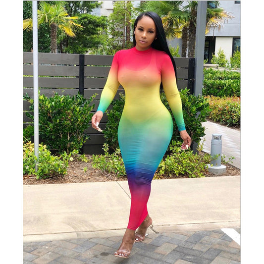 Rainbow Pastel Gradient Colorblock Print Sheer Transparent Long Sleeve Maxi Dress