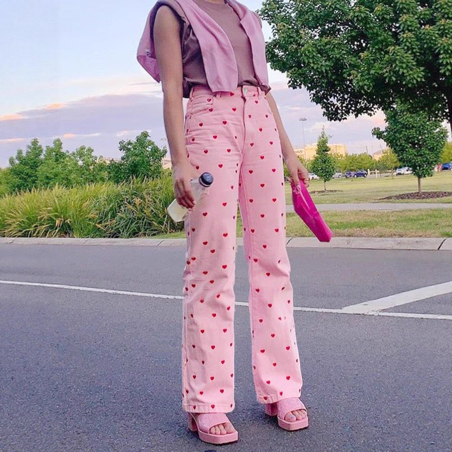 Denim Pink Women's Wide Leg Red Heart Print Jeans to 4X Plus Size