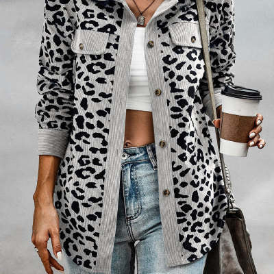 Leopard Print Double Pocket Design Long Sleeve Women's Turn-Down Collar Jacket to 3X Plus Size
