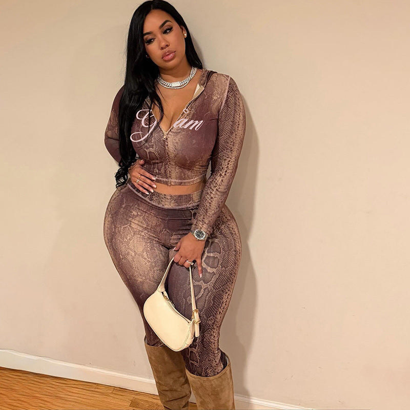 "I AM GIA" Brown Snake/Red Pattern Zipper Fitness Hoodie Jacket + Sweatpants Women's Tracksuit