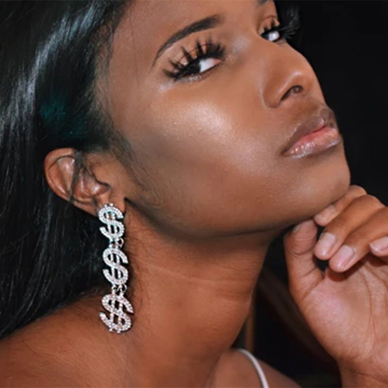 Rhinestone Sparkling Triple Money Sign Symbol Hanging Drop Earrings