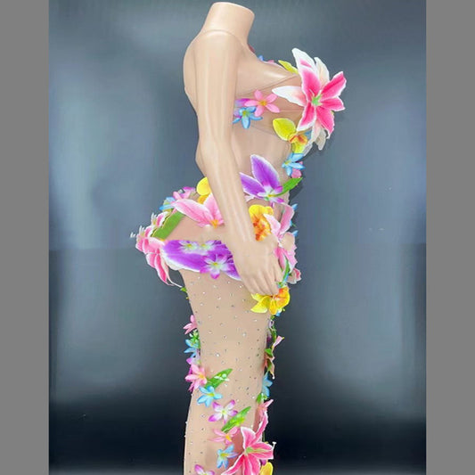 Big Flower Rhinestone Embellished Sleeveless Sheer Transparent Maxi Performance Costume Formal Maxi Dress