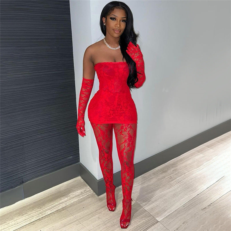 Lace Sleeveless Strapless Tube Top High Waist Skin Tight Stocking Jumpsuit