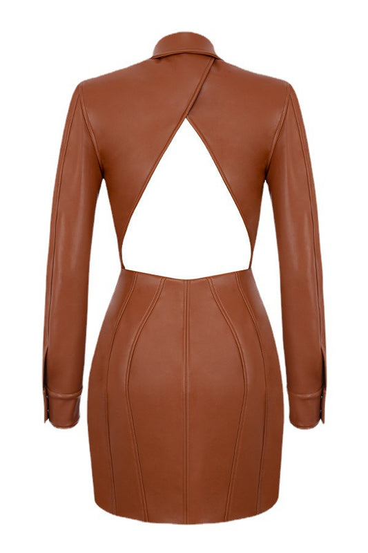 Sexy Brown PU Leather Turn-Down Collar Hollow-Out Back Design Long Sleeve Mini Dress