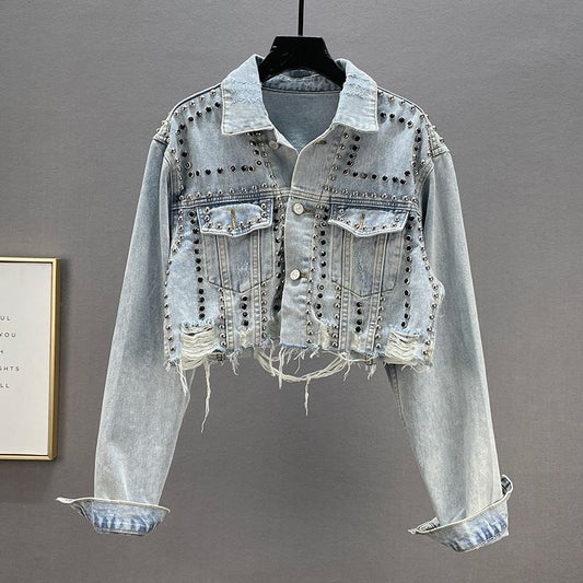 Denim Pearl Beaded Tassel Fringe Women's Turn-Down Collar Washed Cowgirl Double Pocket Jean Jacket