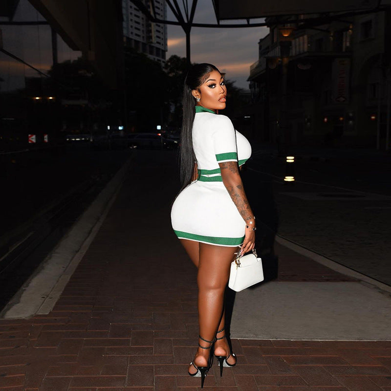 White/Green Side Striped Turn-Down Collar Crop Polo Zipper Top + Bodycon Mini Skirt Women's 2-Piece Tennis Set