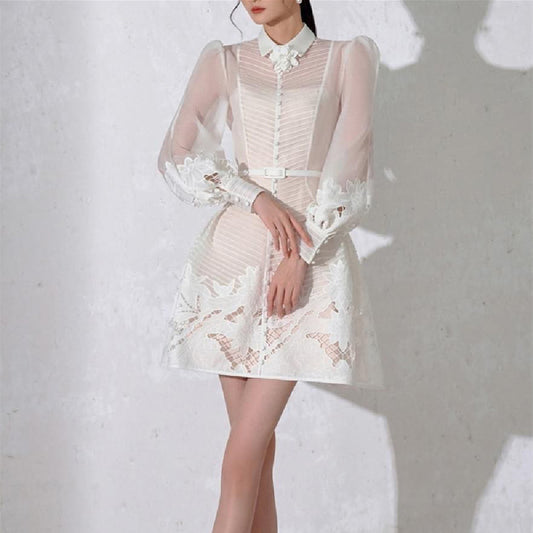 White Transparent Crochet Floral Pattern Patchwork Turn-Down Collar Pleated Long Puff Sleeve Midi Dress