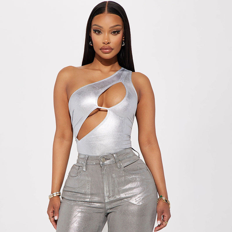 Faux Leather Metallic Hollow-Out Asymmetrical One Shoulder Women's Solid Color Swimsuit