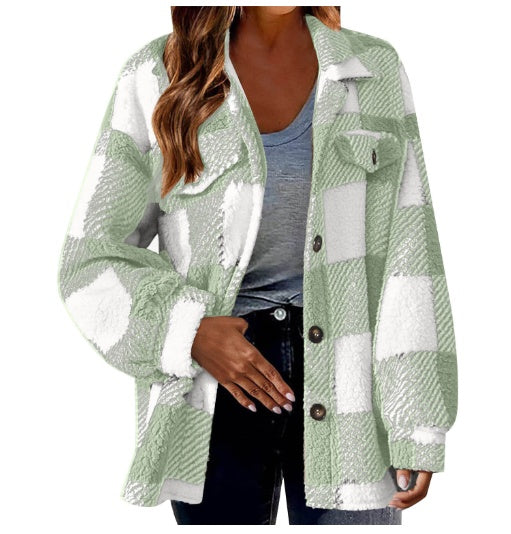 Plaid Checker Print Double Pocket Lamb Fleece Button-Up Long Sleeve Casual Jacket