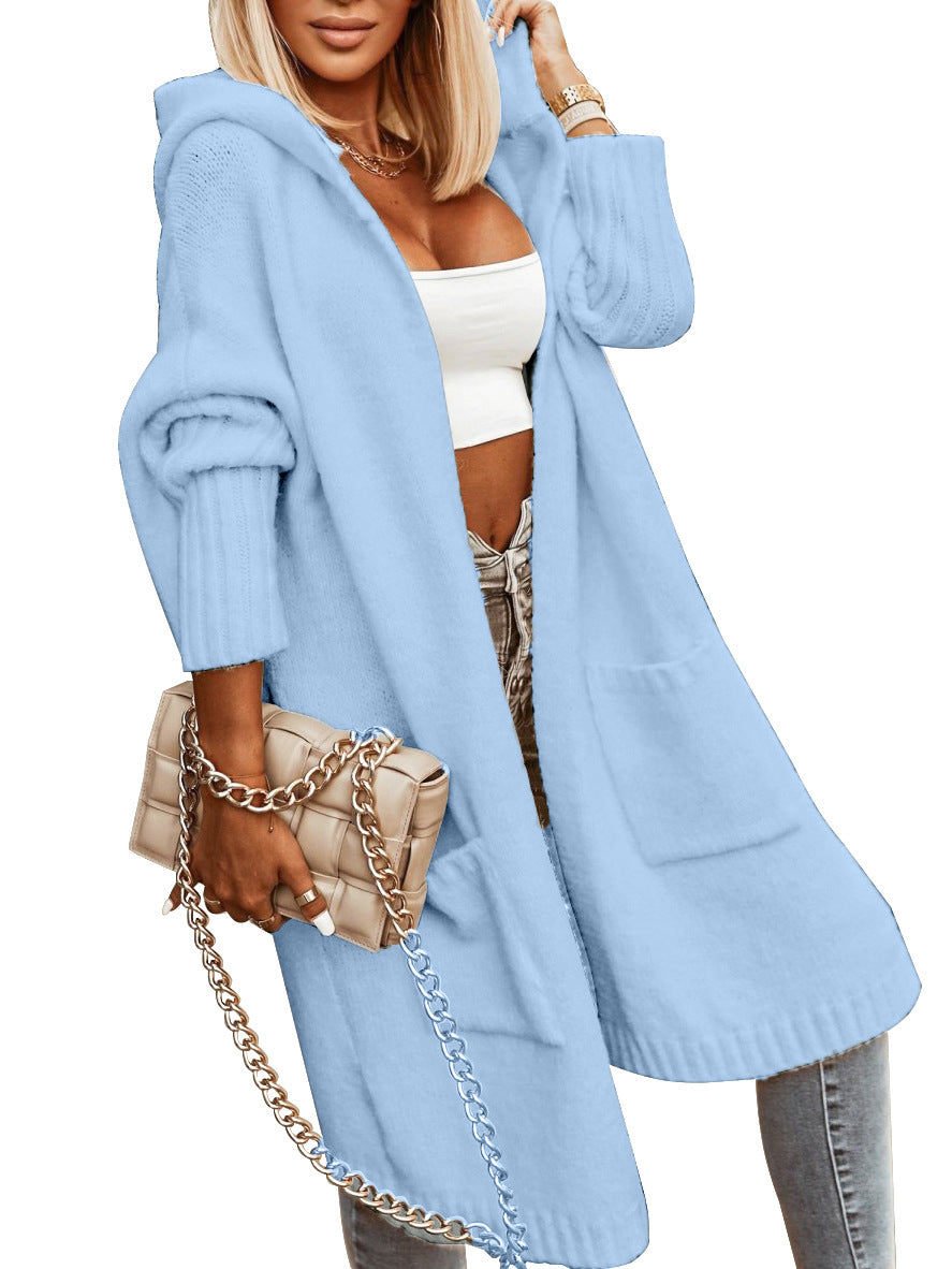 Knitted Solid Color Women's Long Sleeve Maxi Hoodie Sweater