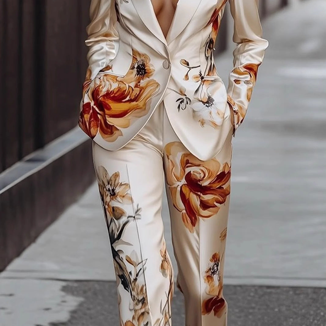 White Satin Flower Print Blazer Jacket + Pants Women's Suit