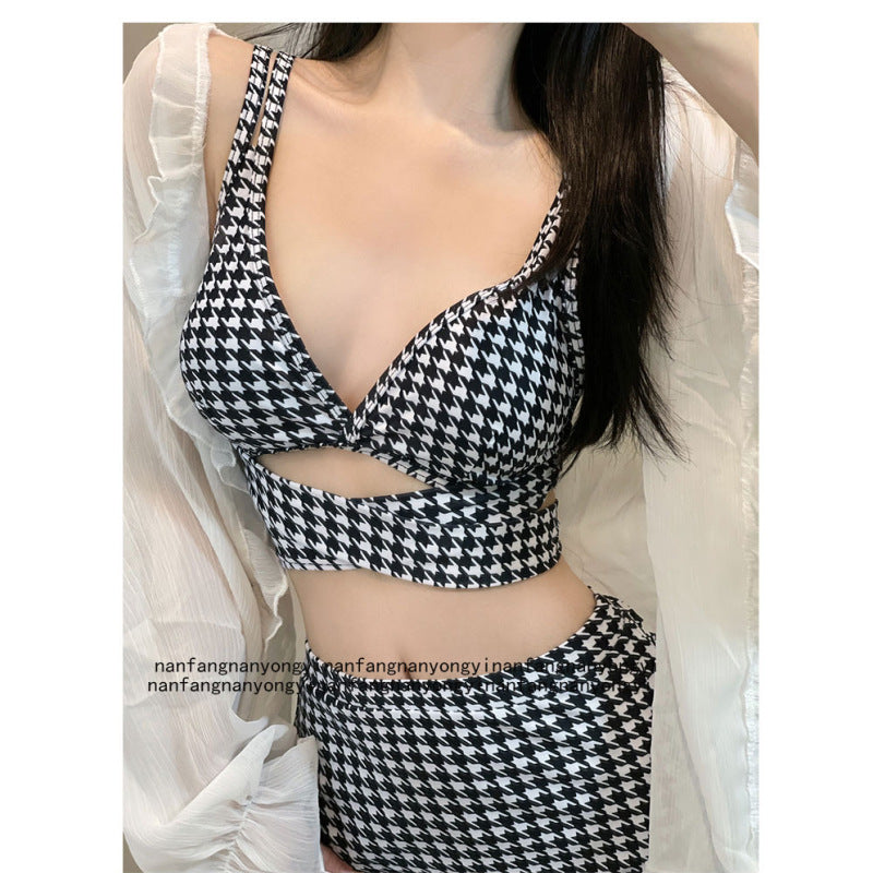 Houndstooth Lace/Triangle Hollow-Out Plaid Lace-Up Back Women's Criss-Cross Bikini Swimsuit