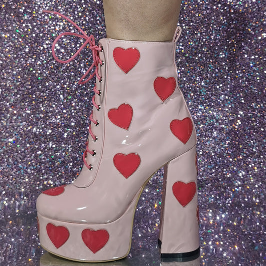 Pink/Red Heart Print Women's Lace-Up Thick High Heel Side Zipper Ankle Boots
