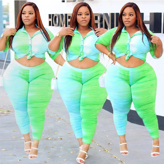 Neon Green/Baby Blue Colorblock Turn-Down Collar Blouse + Leggings 2-Piece Set to 5X Plus Size