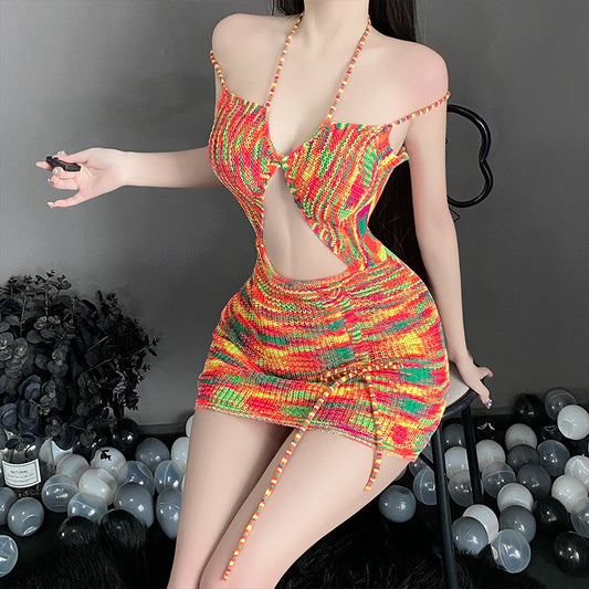 Crochet Knitted Geometric Rainbow Color Backless Hollow-Out Mini Sweater Dress