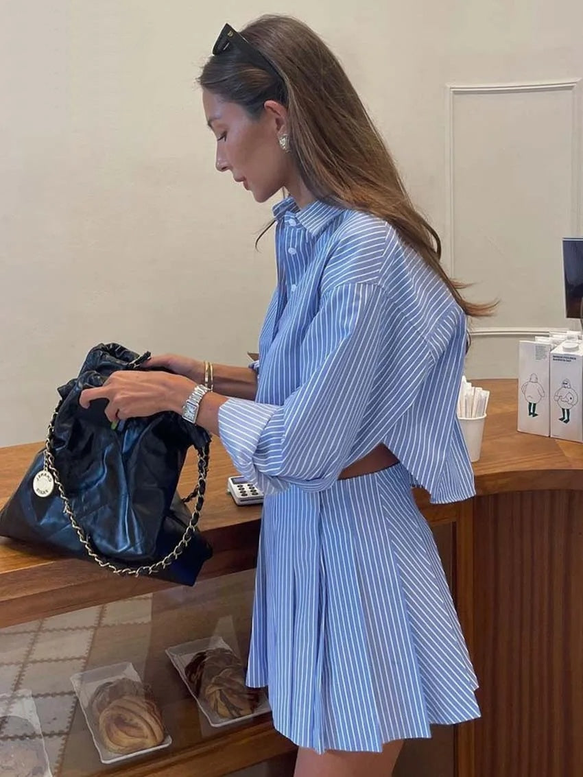 Striped Women's Turn-Down Collar Long Sleeve Blouse + Pleated Mini Tennis Skirt 2-Piece Set