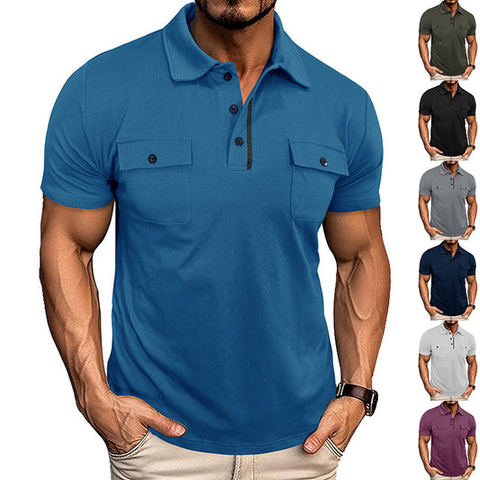 Men's Double Pocket Solid Color Button-Up Turn-Down Collar Polo Shirts