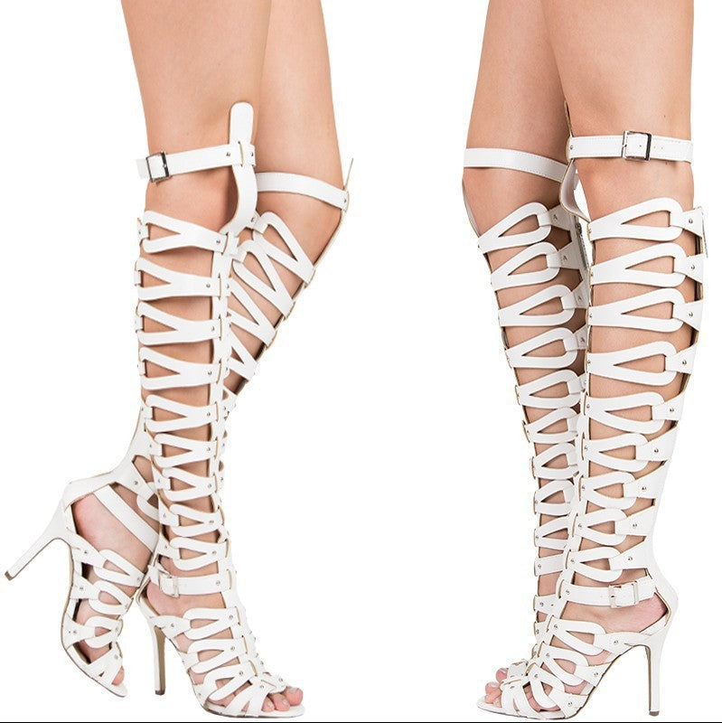 Hollow-Out Punk Rivet Design Open Toe High Heel Boots