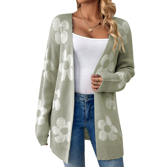 Open Big Flower Print Loose Flower Knitted Cardigan Maxi Sweater