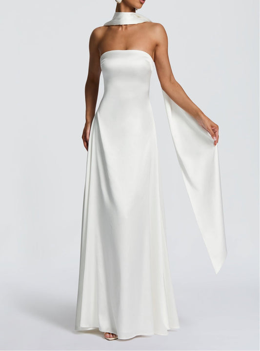 Oversized Satin Sleeveless Solid Color Floor-Length Formal Dress w/ Neck Sash