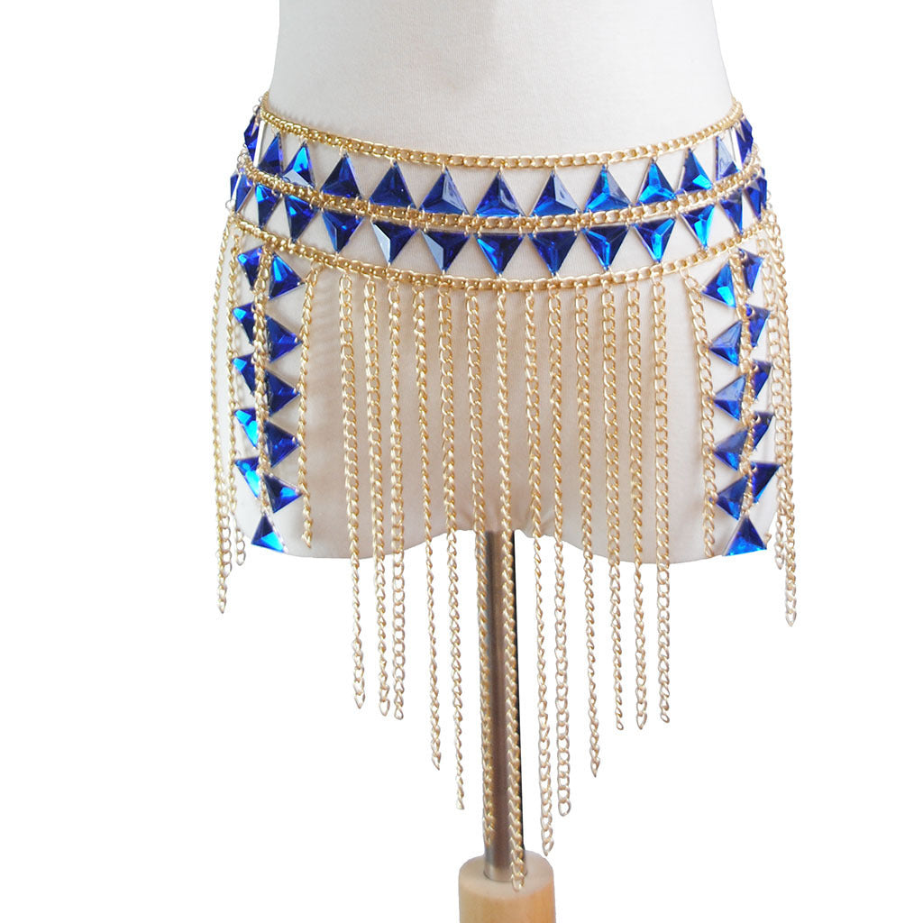 Blue Crystal Double Shoulder Body Multi-Layered Fringe Waist Chain Women's Jewelry Outfit 2-Piece Set