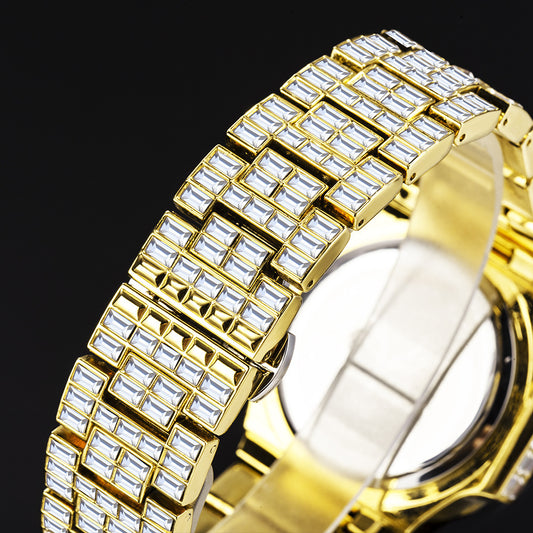 Men's Sparkling Iced Out Square Hot Drill Diamond Gold/Silver High Grade Waterproof Calendar Watch