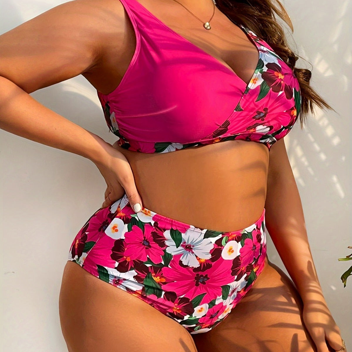 Hawaiian Flower V-Neck Digital Print High Waist Push-Up Bra Women's Split Bikini Swimsuit to 5X Plus Size