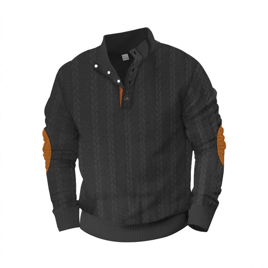 Men's Jacquard Button Design Long Sleeve Embroidered Patch Sweater